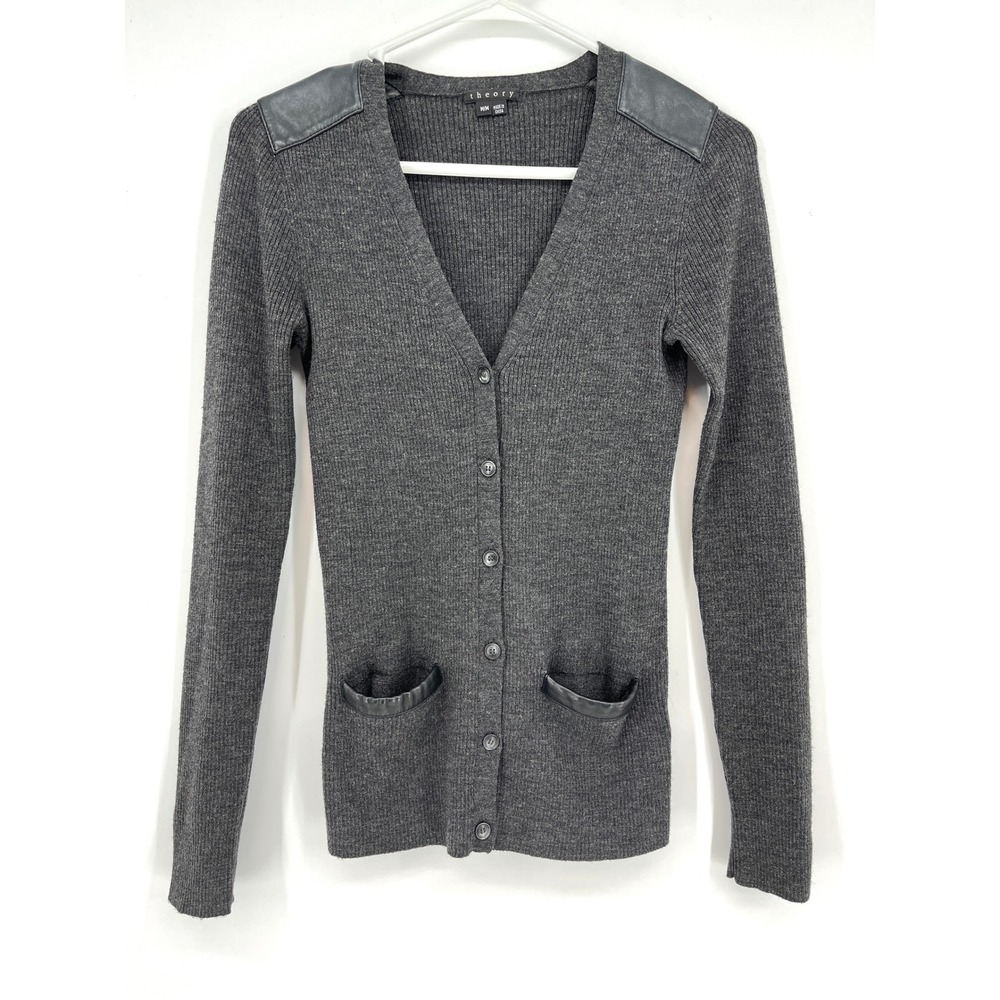 Theory Women's‎ Juniper Wool Cardigan Sweater Charcoal Leather Trim Pockets M